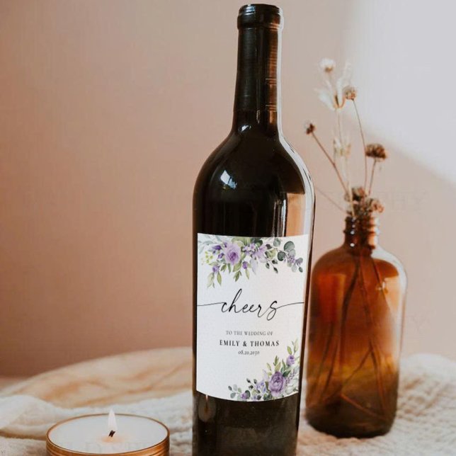 Romantiska Violetta Blommor Bröllops Vin Etikett (Skapare uppladdad)