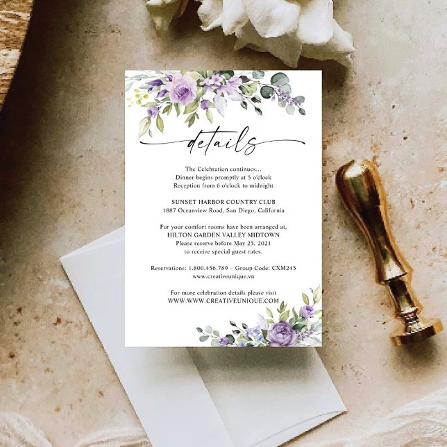 Romantiska Violetta Blommor Bröllopsdetaljkort OSA Kort (Skapare uppladdad)