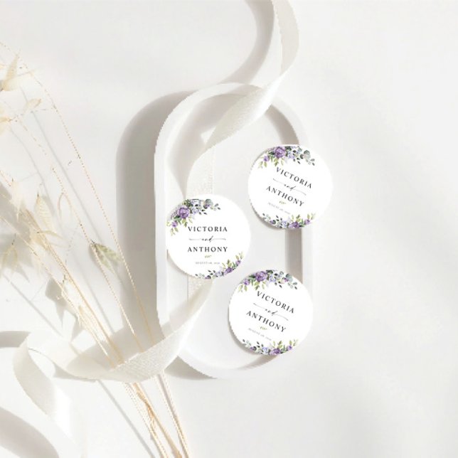 Romantiska Violetta Blommor Runda Bröllops Coaster Underlägg Papper Rund (Skapare uppladdad)
