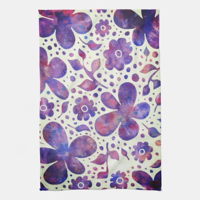 Romantiska violettblommor och Löv Original Art Kökshandduk (Vertikal)