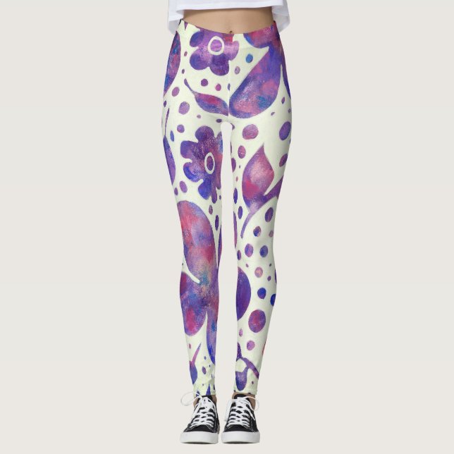 Romantiska violettblommor och Löv Original Art Leggings (Framsida)