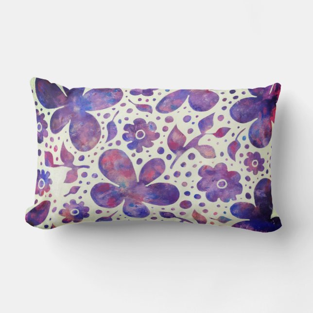 Romantiska violettblommor och Löv Original Art Lumbarkudde (Framsida)