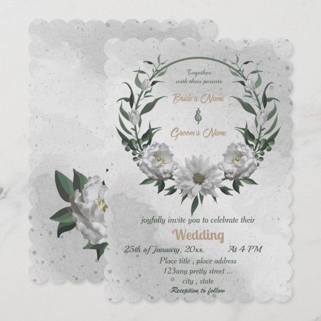 romantiska vita blommor botaniska bröllop inbjudningar (Fram/baksida)