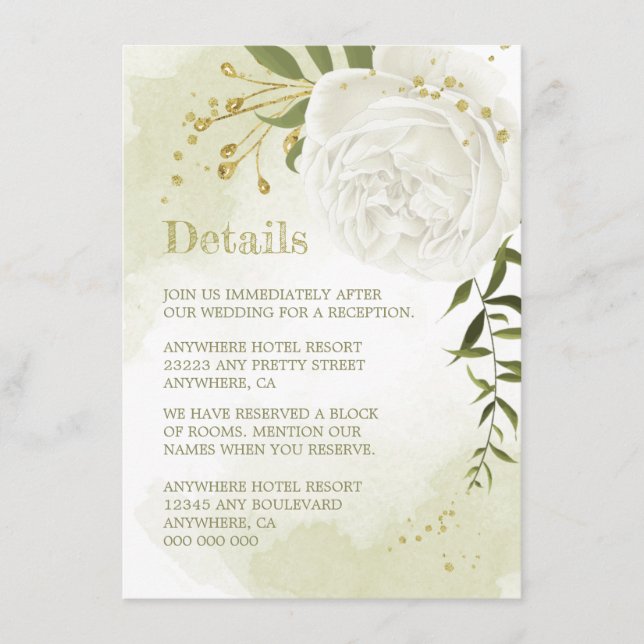 romantiska vita blommor, grön information tilläggskort (Framsida)