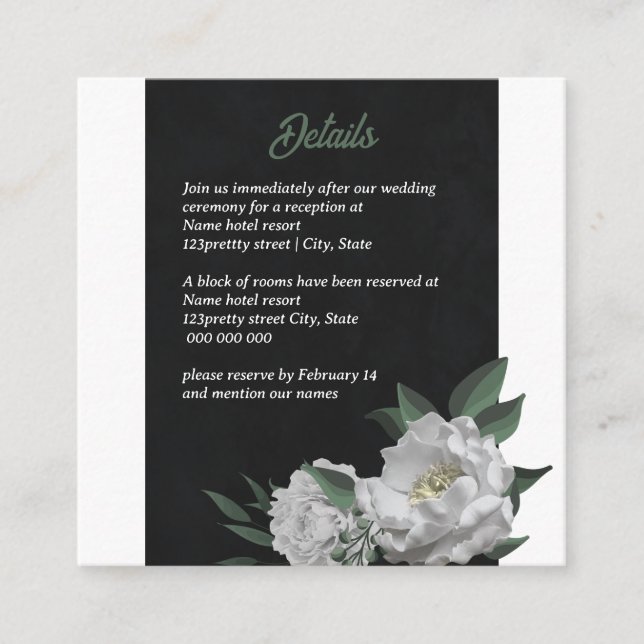 romantiska vita blommor grön svart tilläggskort (Framsida)