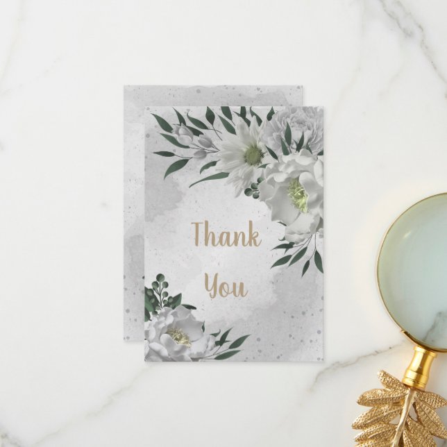 romantiska vita blommor gröna enery bröllop tack kort (Fram/Back In Situ)