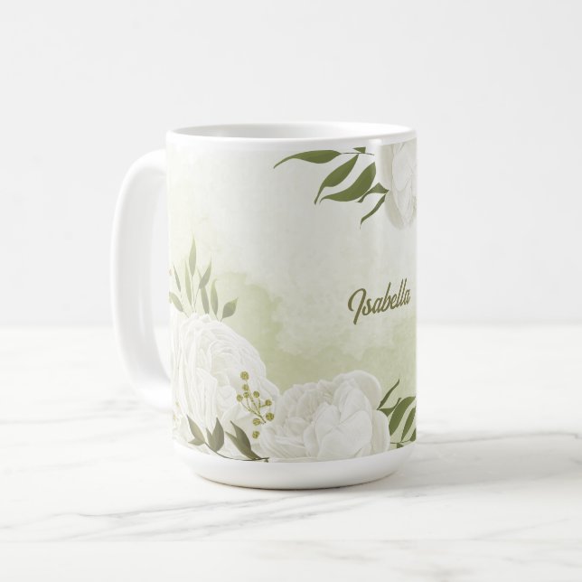 romantiska vita blommor med vackra gröna blad kaffemugg (Framsida vänster)