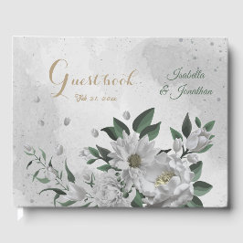 romantiska vita blommor och grönt löv bröllop gästböcker