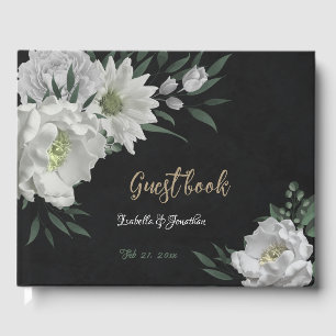 romantiska vita blommor och grönt löv svart gästböcker