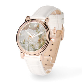 Romantiska vita rosenblommor Foto och anpassat nam Armbandsur