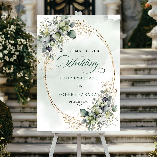 Romantiska vita rosor Botanisk välkomstskylt Poster (Romantic White Roses Botanical Welcome Sign)
