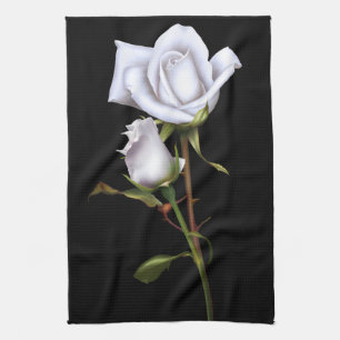 Romantiska vita rosor Elegant blomglamour svart Kökshandduk
