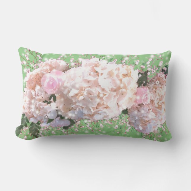 Romantiska vita snöre-vattenområden rosa ros lumbarkudde (Framsida)