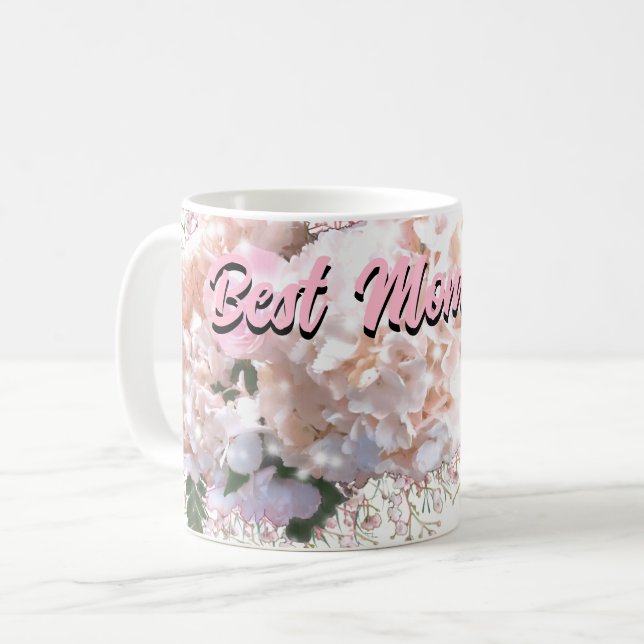 Romantiska vita snöre-vattenområden rosa ros mamma kaffemugg (Framsida vänster)