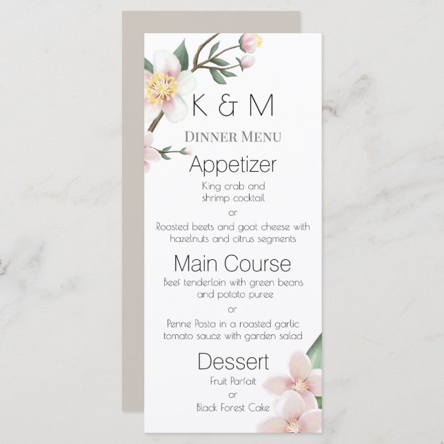 Romantiskt akvarell Äppelblom Wedding Menu Meny (Fram/baksida)
