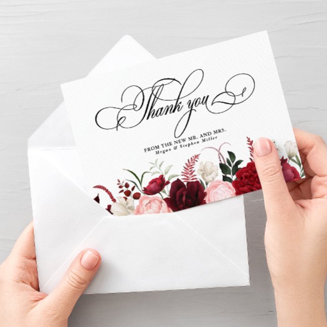 Romantiskt akvarell burgunderrött blomstermotiv ch tack kort (Skapare uppladdad)