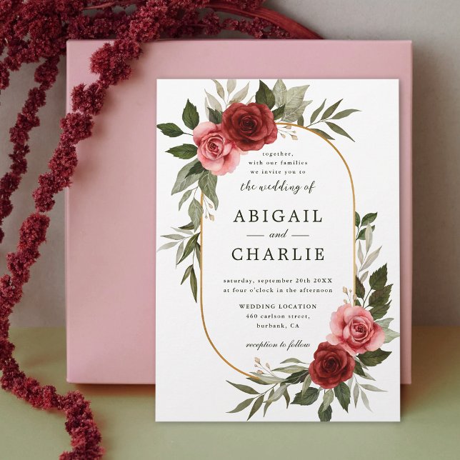 Romantiskt akvarell rött och salvia blommande bröl inbjudningar (Skapare uppladdad)