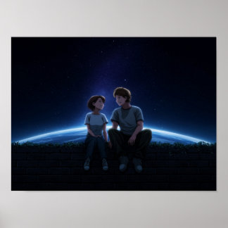 Romantiskt animepar som sitter under den stjärnbes poster