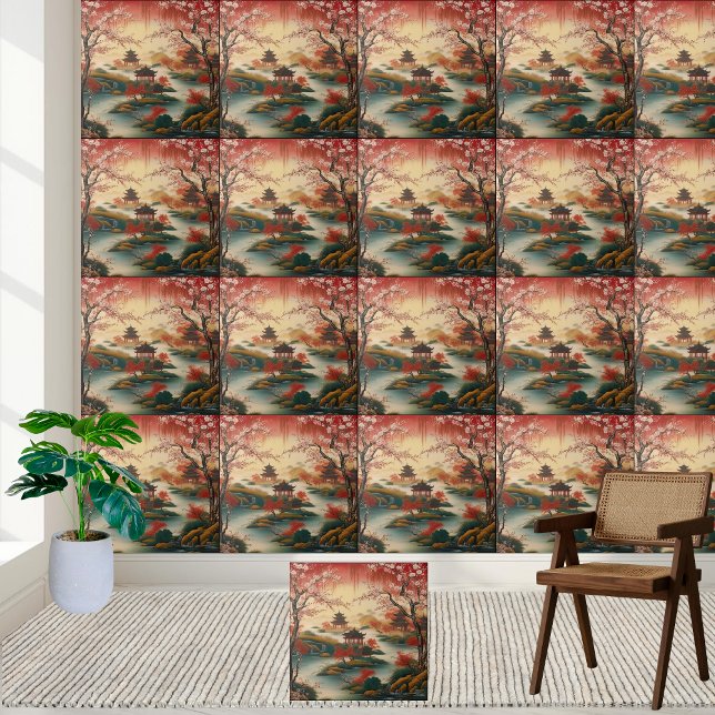 Romantiskt asiatiskt landskap Chinoiserie Tile Dec Kakelplatta (Romantic Asian Landscape Chinoiserie Tile Decor)