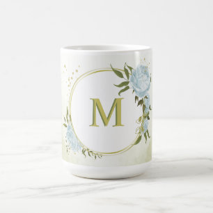 romantiskt blåa blommor & grönt löv botaniskt kaffemugg