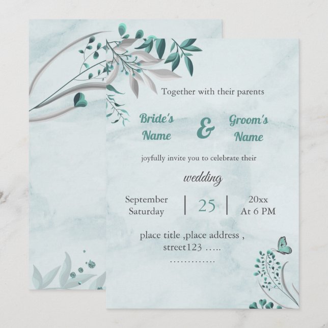 Romantiskt blått butterfly lövs blommigt bröllop-k inbjudningar (Fram/baksida)