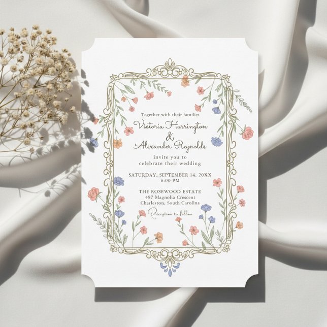 Romantiskt blommigt guld ram bröllopsinbjudan inbjudningar (Romantic floral wedding invitation with delicate gold frame)
