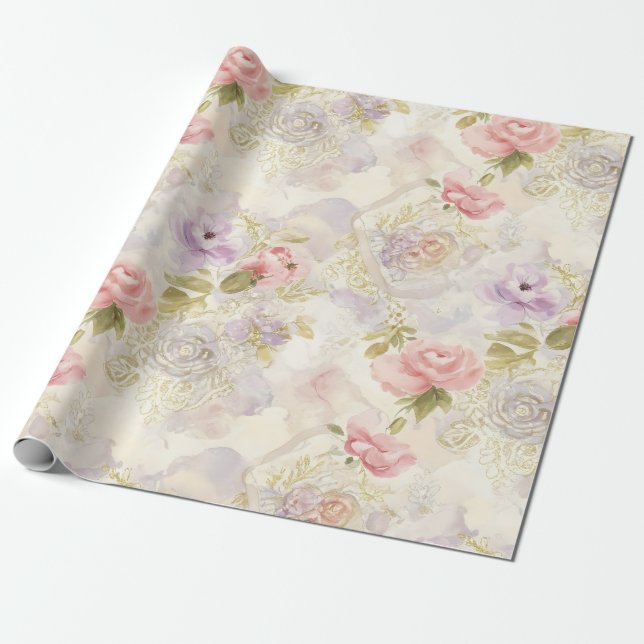 Romantiskt Blommigt Vattenfärgspapper - Elegant Presentpapper (Utrullad)