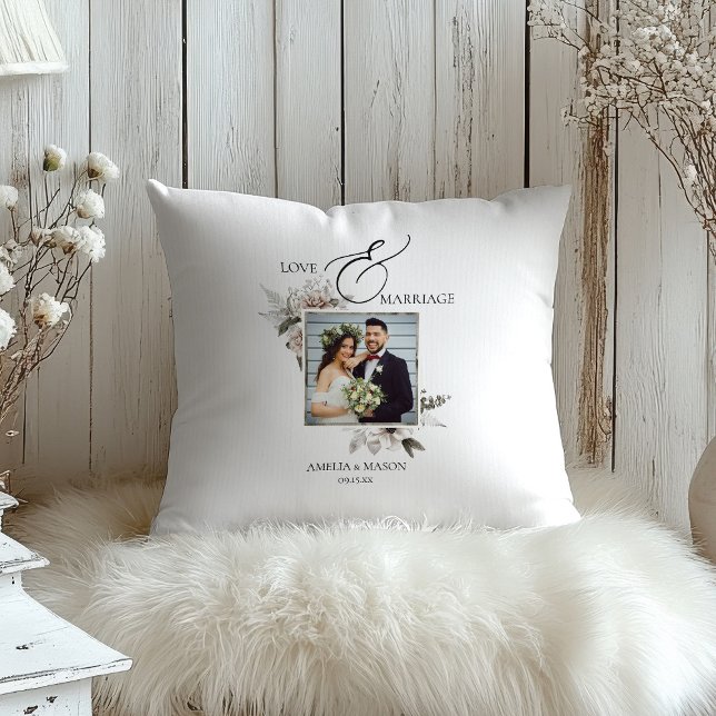 Romantiskt Blommotiv Vattenfärg Bröllop Kudde (Photo Romantic Floral Watercolor Wedding Throw Pillow)