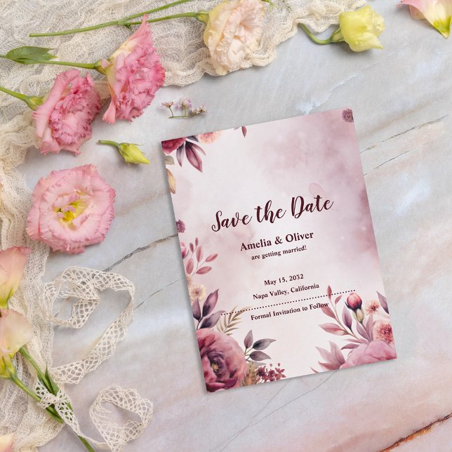 Romantiskt blomster botaniskt bröllop Spara datum Meddelande Vykort (Blush Floral Wedding Announcement Postcard | Elegant Watercolor Botanical Wedding Card)