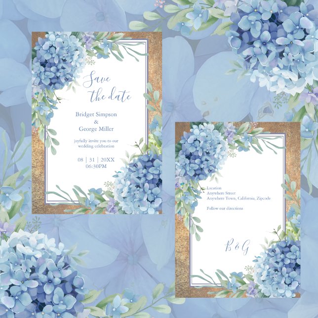 Romantiskt Blue Hydrangea Monogram sparar datumet Inbjudningar (Skapare uppladdad)