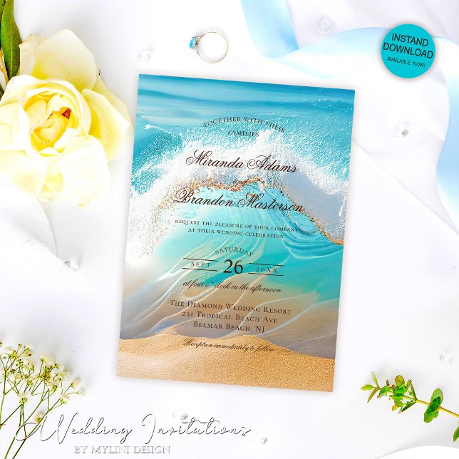 Romantiskt Blue Ocean Vågar Tropical Beach Wedding Inbjudningar (Skapare uppladdad)