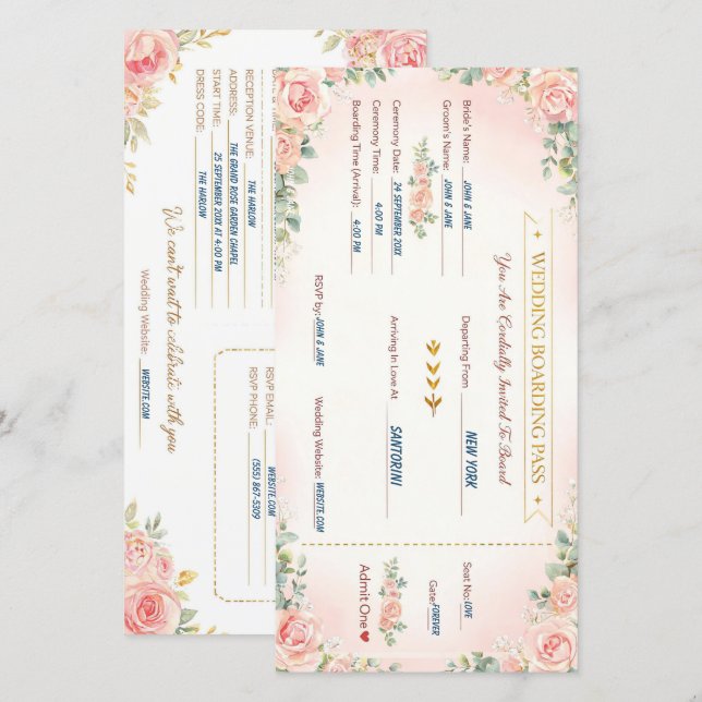 Romantiskt Boarding Pass Bröllopsinbjudan Anpassni Spara Datumet (Fram/baksida)