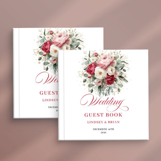 Romantiskt Boho Blommigt Rött Bröllopsgästbok Gästböcker (Romantic Boho Floral Red Blush Wedding Guest Book)