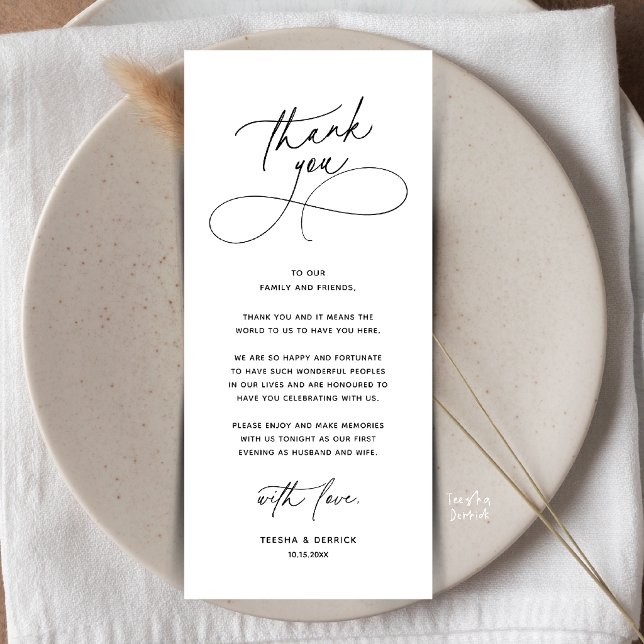Romantiskt Bordskort För Tacksamhet Vid Middag På  Program (Romantic Wedding Place Setting Thank You Card in Black and white)