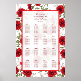 Romantiskt bröllop med röda rosor - sittplatskarta poster