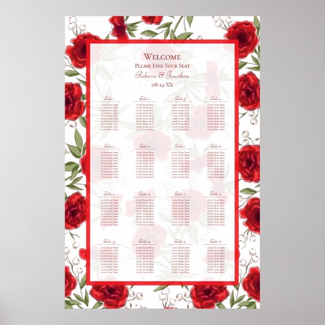 Romantiskt bröllop med röda rosor - sittplatskarta poster (Framsidan)