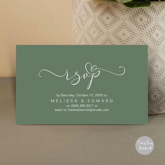Romantiskt bröllop RSVP middagsinbjudan kort (Romantic Wedding RSVP Dinner Invitation Card, Modern Online Phone Email Website Reminder Sage Green)