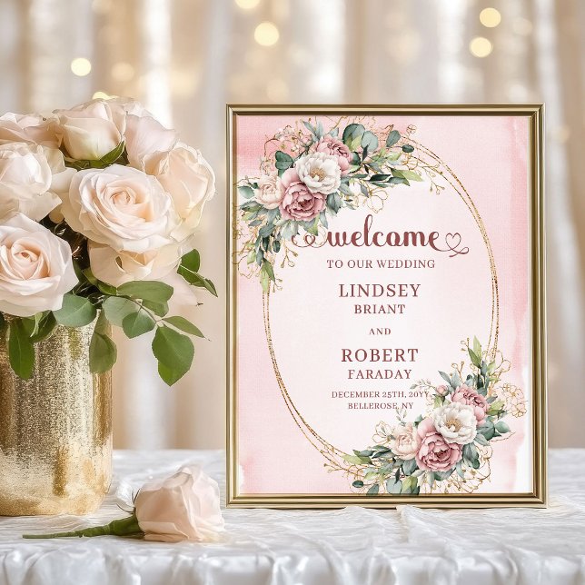 Romantiskt bröllop välkomstskylt med rosor och grö poster (Romantic Wedding Welcome Blush Floral Greenery)