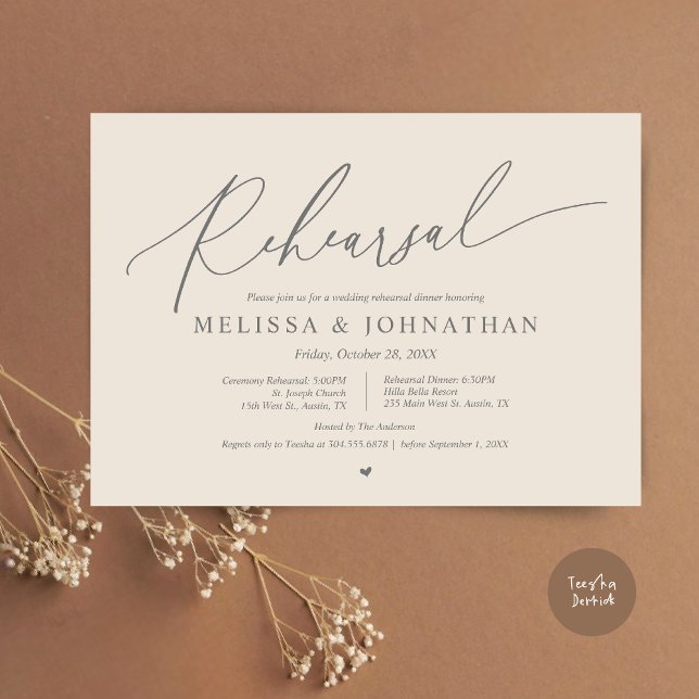 Romantiskt bröllopsceremoni och middagsrepetition inbjudningar (Romantic Wedding Ceremony and Dinner Rehearsal Invitation Card, PDF, Cream Grey)