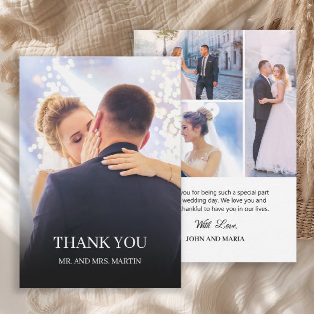 Romantiskt bröllopsfotokollage tack (Elegant wedding photo collage thank you card.)