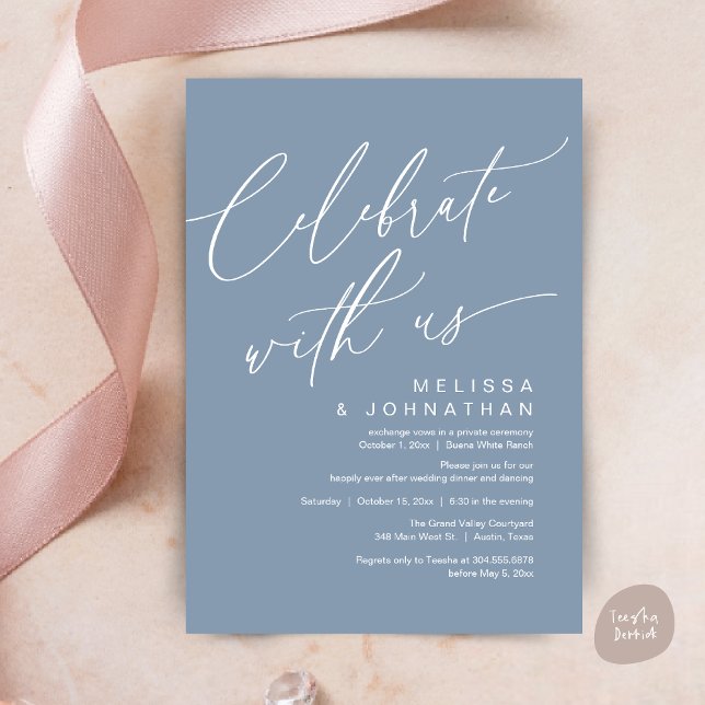 Romantiskt bröllopsmiddagsparty, Fira med oss Inbjudningar (Romantic Wedding Dinner Party, Celebrate with us Lunch Brunch Modern Invites Card  PDF Dusty Blue)