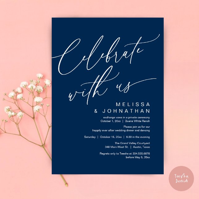 Romantiskt bröllopsmiddagsparty, Fira med oss Inbjudningar (Romantic Wedding Dinner Party, Celebrate with us Lunch Brunch Modern Invites Card  PDF Navy Blue)