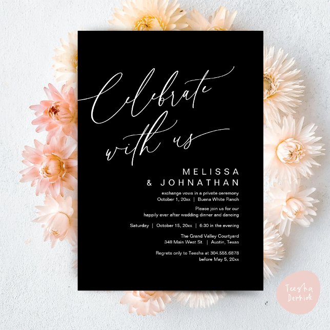 Romantiskt bröllopsmiddagsparty, Fira med oss Inbjudningar (Romantic Wedding Dinner Party, Celebrate with us Lunch Brunch Modern Invites Card  PDF Classy Black)