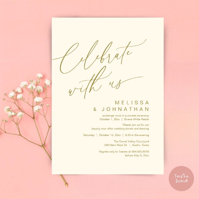 Romantiskt bröllopsmiddagsparty, Fira med oss Inbjudningar (Romantic Wedding Dinner Party, Celebrate with us Lunch Brunch Modern Invites Card  PDF Yellow Gold)