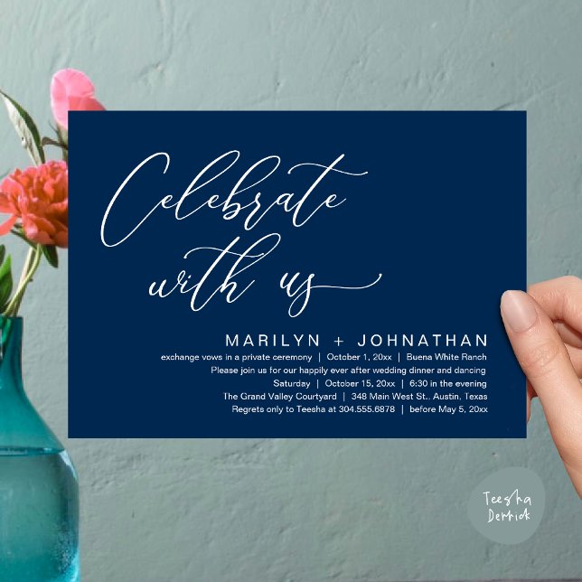 Romantiskt bröllopsmiddagsparty, firande med oss inbjudningar (Celebrate with us, Romantic Wedding Dinner Brunch Party Invites Card PDF Modern Classy Navy Blue)