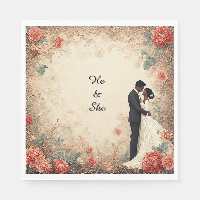 Romantiskt Bröllopspar Botanisk Brudduk Bord Pappersservett (Framsidan)