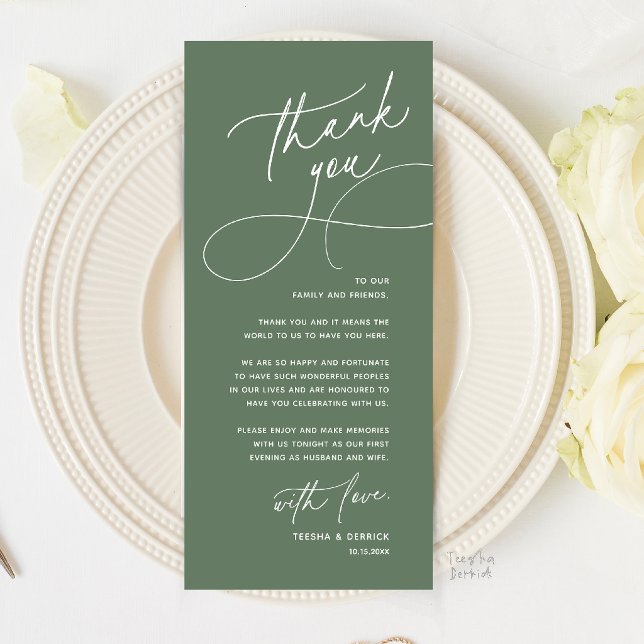 Romantiskt Bröllopsplatskort för Tack Program (Romantic Wedding Place Setting Thank You Card in Sage Green)