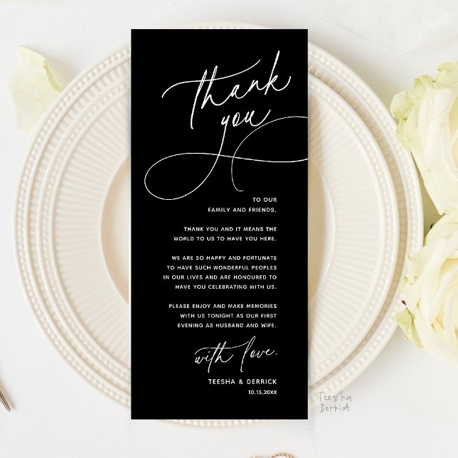 Romantiskt Bröllopsplatskort för Tackkort Program (Romantic Wedding Place Setting Thank You Card in Classy Black)