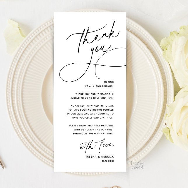 Romantiskt Bröllopsplatskort för Tackkort Program (Romantic Wedding Place Setting Thank You Card in Black and white)