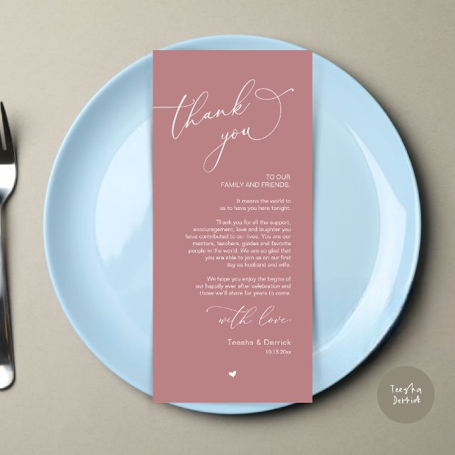 Romantiskt bröllopsplatssättning tackkort program (Modern Romantic Wedding Dinner Place Setting Thank You Card, Plate Decor, in Dusty Rose Pink)